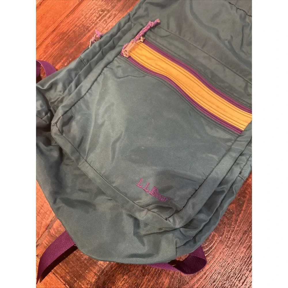 VTG LL Bean Deluxe Book Pack Nylon Backpack Green Purple School Casual Outdoors